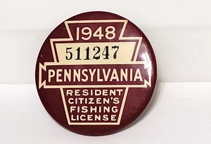 1948 PA. Pennsylvania RESIDENT CITIZEN'S FISHING LICENSE BUTTON Pinback Badge - Picture 1 of 3