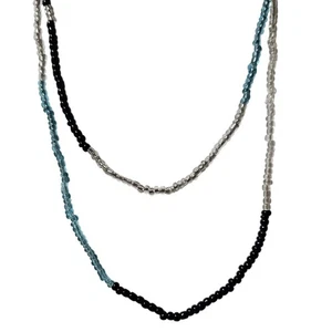 Retro Perlenkette schwarz klar blau Perlen Boho Modeschmuck Damen - Bild 1 von 4