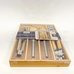 12Pcs Kitchen Utensils Cooking Wooden & Silver Stainless Steel & Compartments - Picture 1 of 5