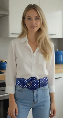 Women New Hip High Waist Elastic Blue Elastic Belt White Polka Dots One Size S M - Image 1 of 4