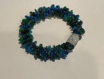 Beachy Shell Seed Beads Crystal Covered Stainless Steel Bracelet Large Size - Image 1 of 4