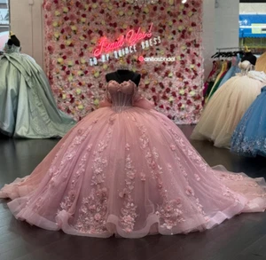 Luxury Pink Quinceanera Dresses Off the Shoulder Florals Sweet 15 16 Ball Gowns - Picture 1 of 8