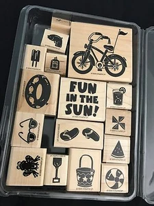 STAMPIN' UP WOOD MOUNTED STAMPS 1998 FUN IN THE SUN ~ SET OF 16 ~ Used - Picture 1 of 5