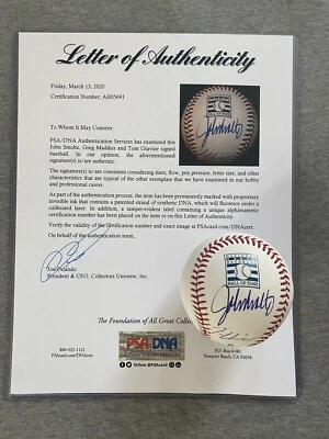 TOM GLAVINE GREG MADDUX JOHN SMOLTZ AUTOGRAPH HALL OF FAME LOGO BASEBALL PSA 691 - Image 1 of 4