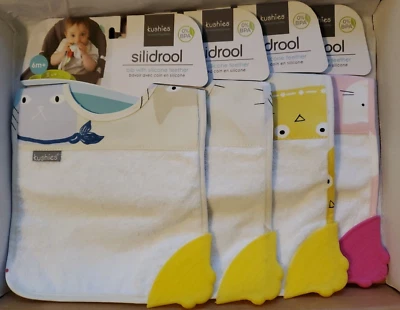 Lote de 4 baberos Kushies Silidrool con mordedor de silicona 6+ meses estampado de gato Foto 1 de 4