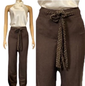 VTG Evan Picone Kalahari Pants Linen blend Cocoa Brown Polka Dot Belt size 8 - Picture 1 of 14