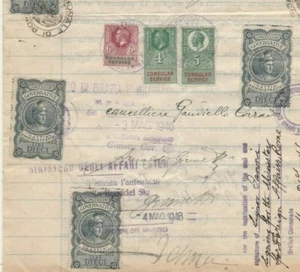 ITALY-ENGLAND Rare Multi Mixed Consular Revenues Tied Paid Stamped Doc. Roma1946 - Picture 1 of 5