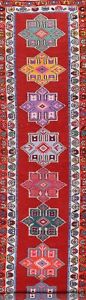 Silk Runner Rug 3x13 ft.Geometric Red Anatolian Turkish Hand-Knotted Hallway Rug