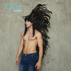 Mohawk Headdress, Indian Headdress style, Roosters Feathers, Black Long Mohawk - Picture 1 of 7