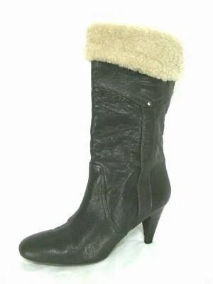DKNY Insolio Boots Italy Sz 10 Brown Leather Heels Mid Calf Fur Cuff Foldover - Image 1 of 4