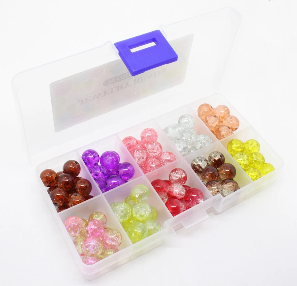A small 10 colour box of 10mm Round Crackle Glass Beads. 100 beads. bead10b - Image 1 of 1