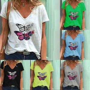 Plus Size Womens Summer Butterfly T-Shirt Tops Ladies Casual Loose Blouse Tee - Picture 1 of 15