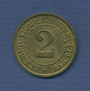Bremen 2 Verrechnungs-Pfennig 1924, J N43 Messing, vz (m6246) - Picture 1 of 2