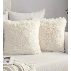 Set of 2 Fluffy Faux Fur Soft Throw Pillows Yellow & White 20"x 20" - Picture 1 of 5
