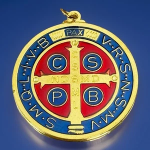 Catholic Saint Benedict 2 Inch Red & Blue Enamel Gold Tone Religious Medal - Picture 1 of 4