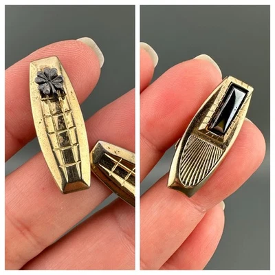 Lote de 2 abotoaduras vintage retangulares alongados tom dourado hematita falsa 1 assinado - Imagem 1 de 4