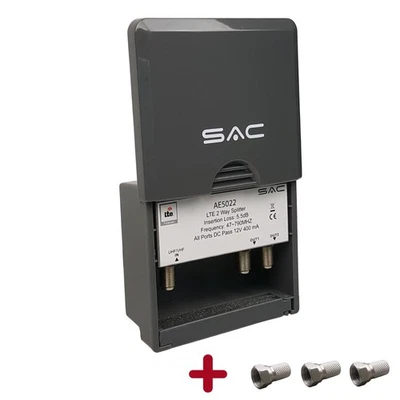 2 Way Masthead Outdoor TV Aerial Splitter with DC Pass LTE Filter + 3 F Plugs - Image 1 of 4