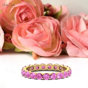 14k Real Gold Full Eternity Band 2.5mm Round Pink Sapphire Gemstone Ring For Her - Picture 1 of 26