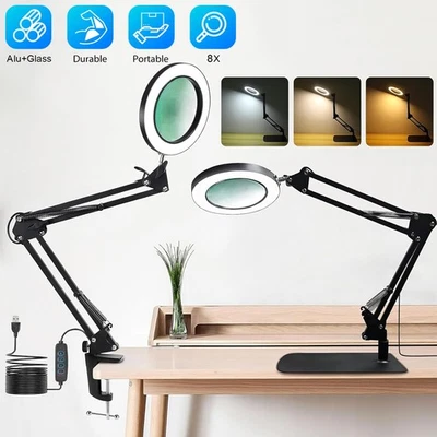 8X Fach Lupe mit LED Licht Ständer Vergrößerungsglas Schreibtischlampe Leselupe - Bild 1 von 4