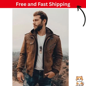 Men'S Real Leather Jacket with Removable Hood Brown - Picture 1 of 6