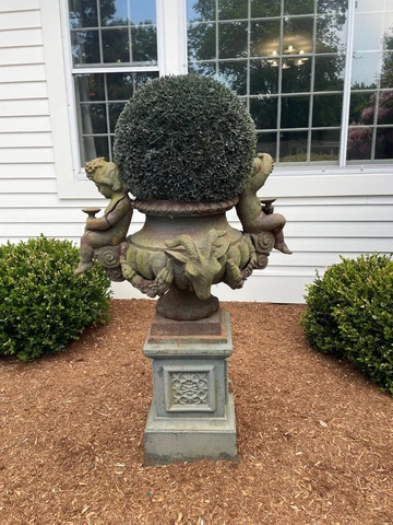Pair of Cast Iron Rams Head Urns Old Pots Antique Urn Old Planter with pedestals Cover