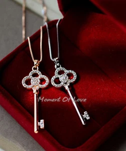 Flower Lucky Clover Key Rose Gold/Silver Pave Cubic Zirconia Pendant Necklace - Picture 1 of 5
