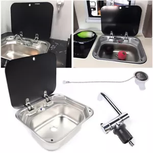 Stainless Steel RV Sink Hand Wash Basin For Camper Caravan Trailer w/Lid +Faucet - Picture 1 of 22