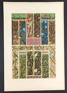 Stampa artistica medievale litografia di Racinet disegno ornamentale floreale su oro 1871 - Foto 1 di 4