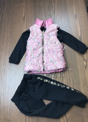 3 piece Kids Girls casual outfits Set Puffy sleeveless jacket tshirt and pant - Image 1 of 3
