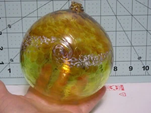 large yellow glass art ball approx 4" plus loop blue wh speckled swirls twists  - Picture 1 of 6