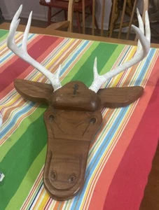 Wooden Deer Head-Vtg Carved Wood Folky Deer Wall Plaque - Picture 1 of 15
