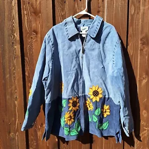 NWT Quacker Factory Leather Jacket Women's Sunflowers 3X Blue Suede Embellished - Picture 1 of 16