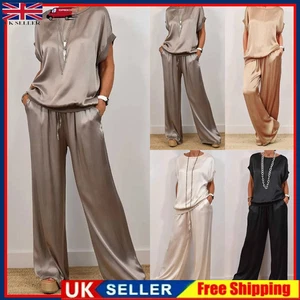 2 Piece Ladies Loose Suit Casual Shirts Tops+Pants Satin Silk Outfits Co-Ord Set - Picture 1 of 16