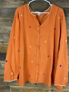 CJ Banks Women Plus Sz 3X Orange Embroidered Flowers Button Up Cardigan Sweater - Picture 1 of 13