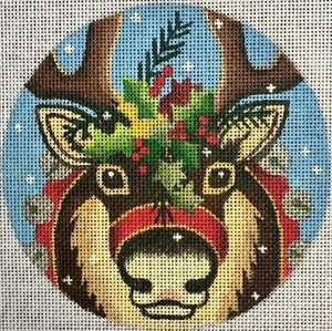 Needlepoint Handpainted Raymond Crawford Reindeer Round 5" - Picture 1 of 4