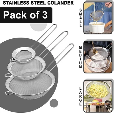 3pcs Colander Wire Mesh Kitchen Sieve Set Stainless Steel Food Strainer & Flour - Image 1 of 4