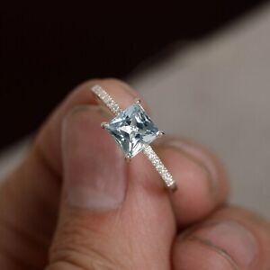 1.50Ct Princess Cut Simulated Aquamarine Engagement Ring 14K White Gold Plated