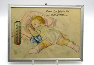 VINTAGE ADVERTISING FRAMED PICTURE WALL THERMOMETER - WAGNER FIRE DETECTOR CO. - Picture 1 of 4