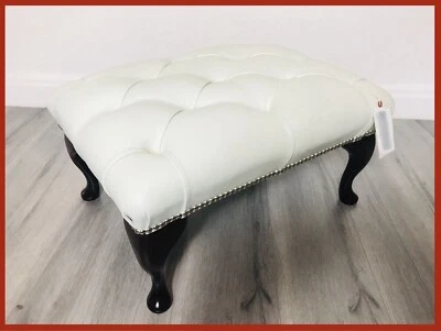 Chesterfield Buttoned Queen Anne White Genuine Leather Footstool - Image 1 of 4