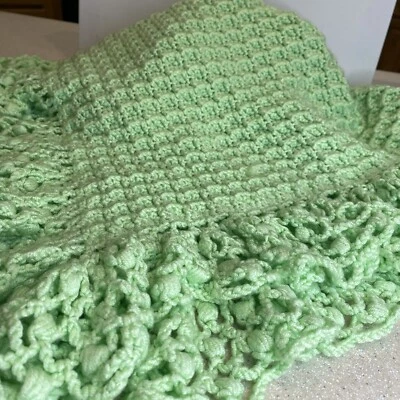 Pale Green Crochet Afghan - Lap Throw, Baby Wrap - Precious Ruffle Stitching! - Image 1 of 4
