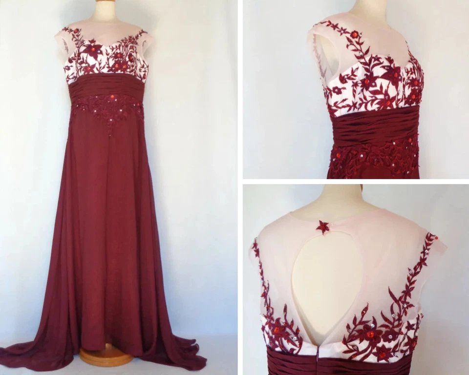 Vestido de trem aplique de tule borgonha vestido de renda strass vestido de tule de chiffon XXL - Imagem 1 de 4