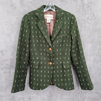 Anthropologie Madchen Forested Blazer S Loden Green Pink Floral Embroidered Wool - Image 1 of 4