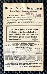 1905 EISENBAHNDIRIGENTEN VON AMERIKA GEGENSEITIGER VORTEIL ABTEILUNG POSTKARTE - Bild 1 von 2
