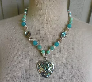 Abalone Shell Heart Adjustable Hemp Necklace w/ Amazonite Gemstone Beads Pearls - Picture 1 of 8