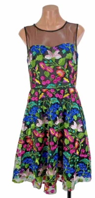 Vestido Tahari Mujer Talla 8 Malla Bordada Ajuste y Acampanado en Negro Multi Floral Foto 1 de 4