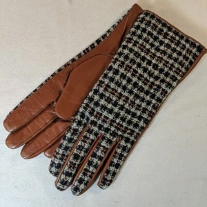 Kenneth Cole Leather Wool Gloves Brown Plaid Tweed Black Women's M Medium Lined - Picture 1 of 10