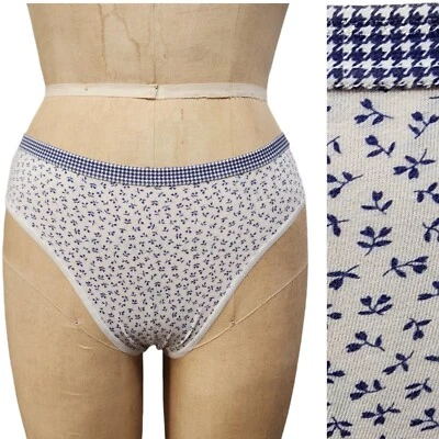 Vtg Victorias Secret Panty Cotton High Leg Brief Blue Floral Signature Logo L - Image 1 of 4