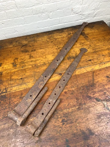 19thC. Barn Door STRAP HINGES w/ Threaded PINTLES, Lollipop Tips, No Cracks! Cover