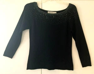 Joseph A Lovely Beaded Silk Knit Top M 3/4slv Wide Scoopneck Black Versatile - Picture 1 of 5