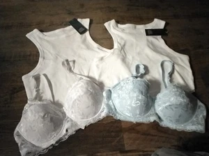 White Ribbed Stretch Short Length Tank Top & Lace Bra Lot Size L - Picture 1 of 15